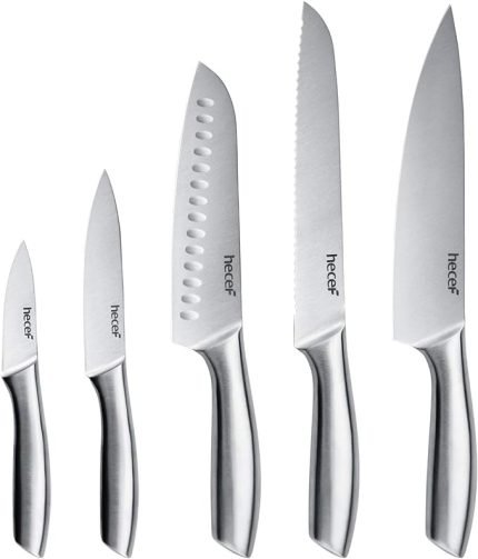 hecef Silver Kitchen Knife Set of 5, Satin Finish Blade with Hollow Handle, Includes 8" Chef, 8"Bread, 8"Santoku, 5"Utility and 3.5"Paring Knife