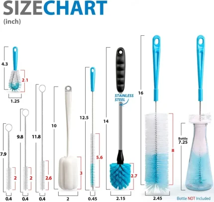 Holikme 8 Pack Bottle Brush Cleaning Set, Long Handle Bottle Cleaner for Washing Narrow Neck Beer Bottles Wine Decanter Narrow Cup Pipes Sinks Cup Cover, White